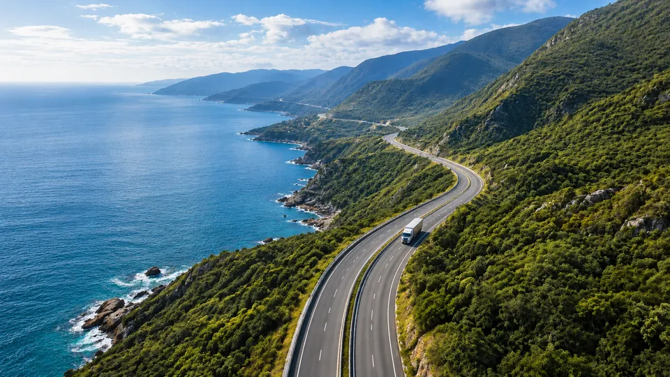 A lorry on a road along a coast.