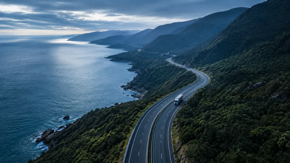 A lorry on a road along a coast.
